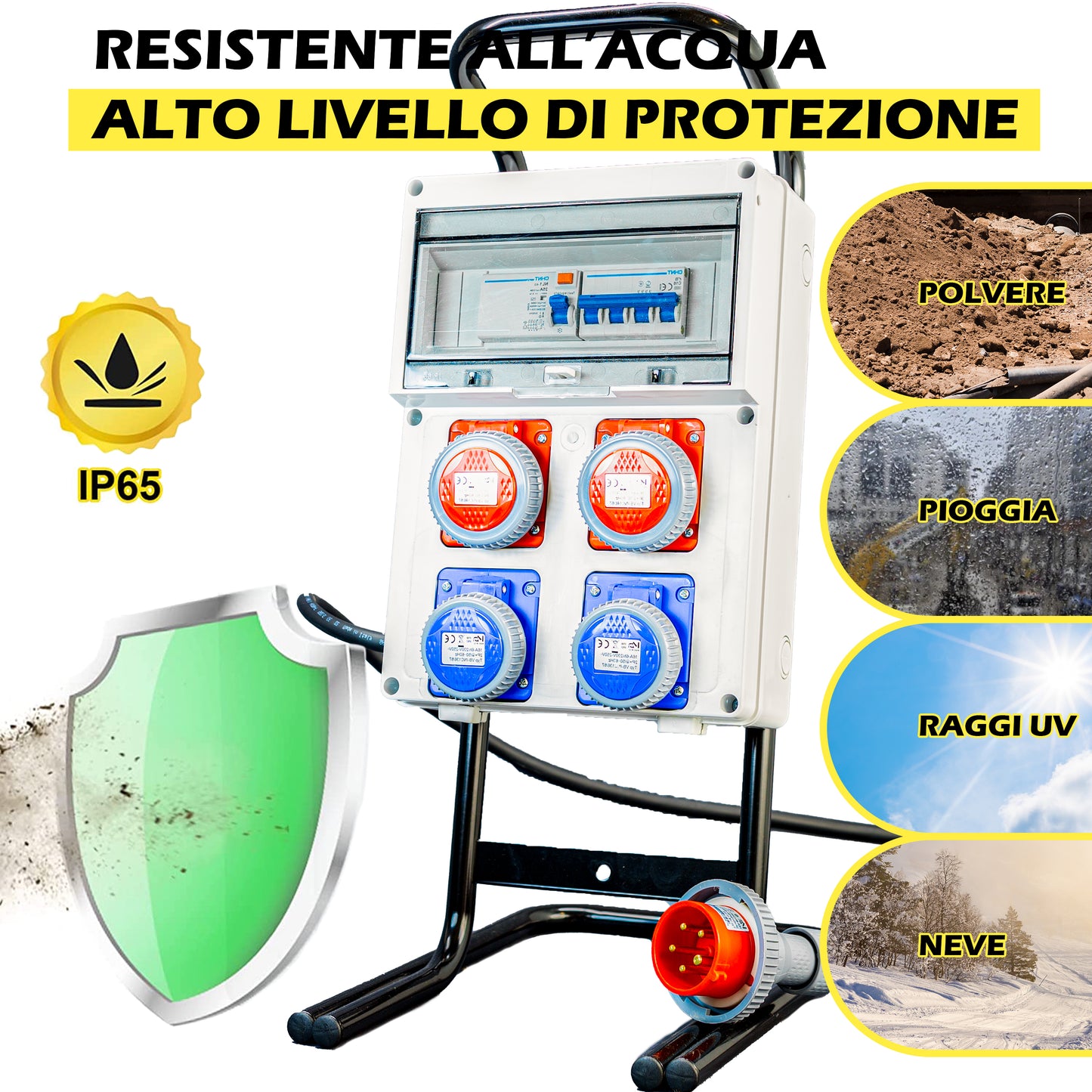 Quadro Elettrico da Cantiere ASC + cavalletto d'acciaio – 2 Prese 220V da  16A e 2 Prese 400V a 4 Poli